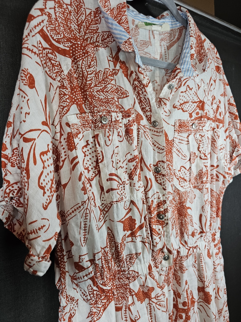 Anthropologie White and Blue Striped Collar with Rust Floral Print Top - Picture 4 of 6